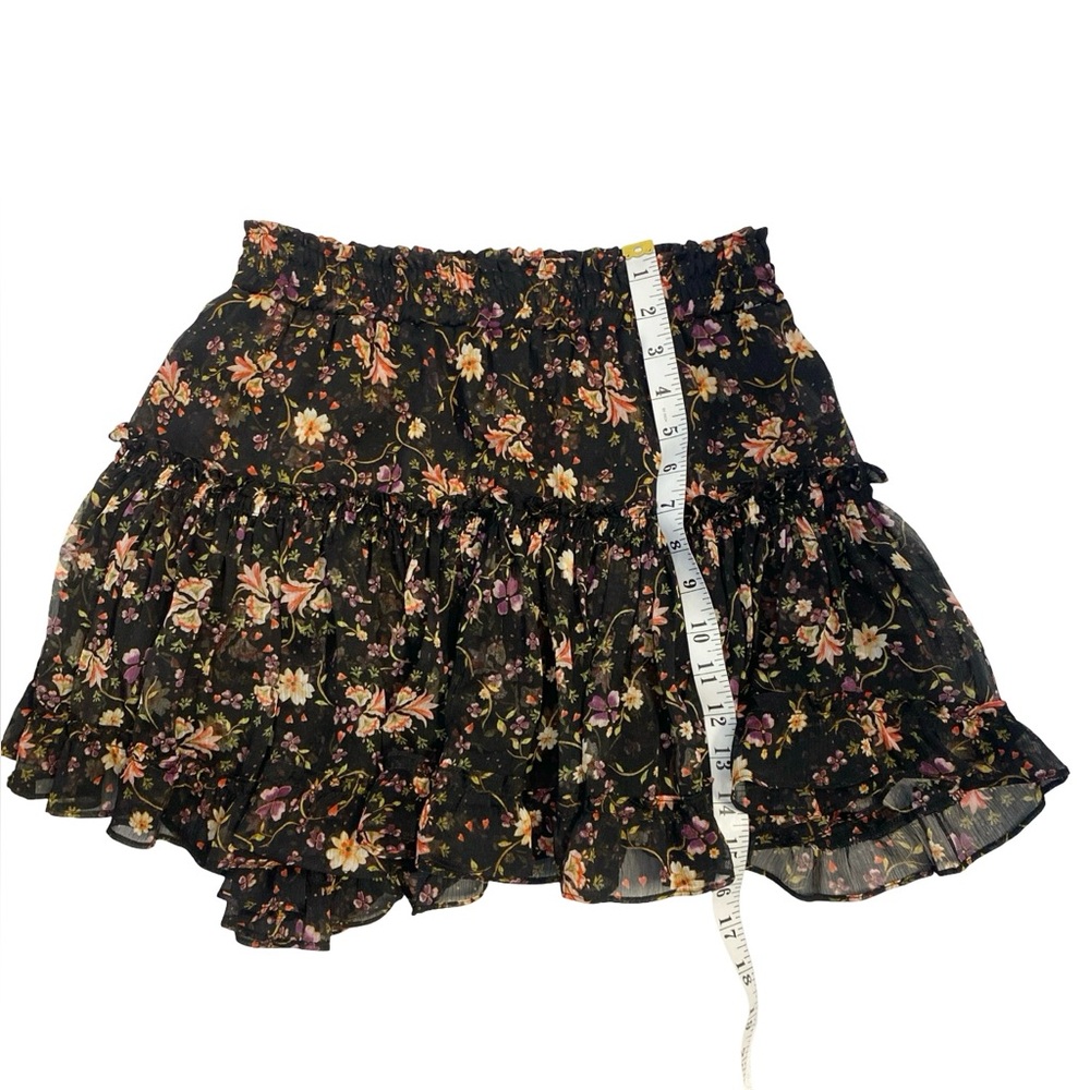 MISA Black Floral Ruffle Mini Skirt – Boho Luxe Tiered Sheer Overlay Size Small - Picture 9 of 11